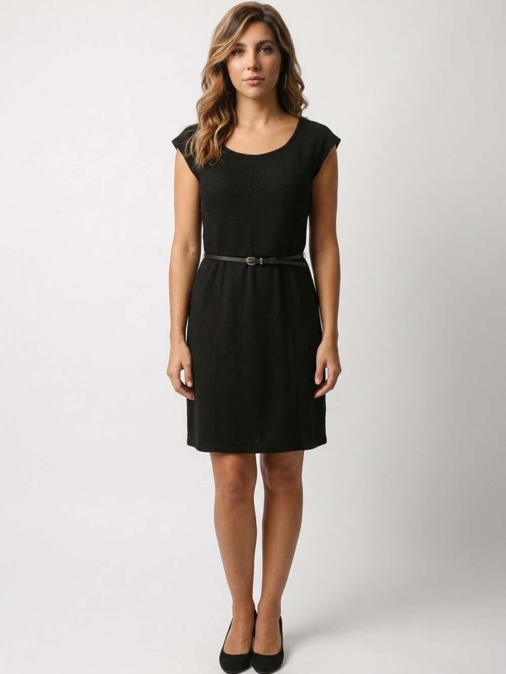 Spense Black Belted Sheath Dress with Gold Acents